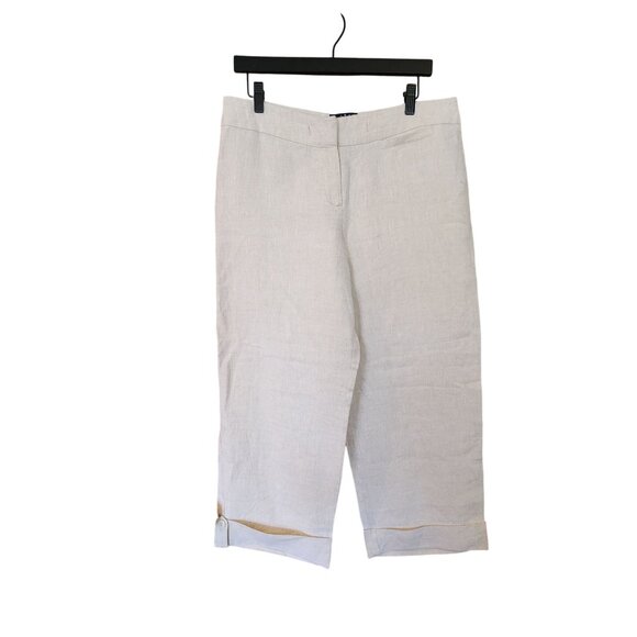 Alexandra Bartlett Womens Beige Linen Cropped Pants Size 10 With Cuffed Hem & Ba - Picture 1 of 4